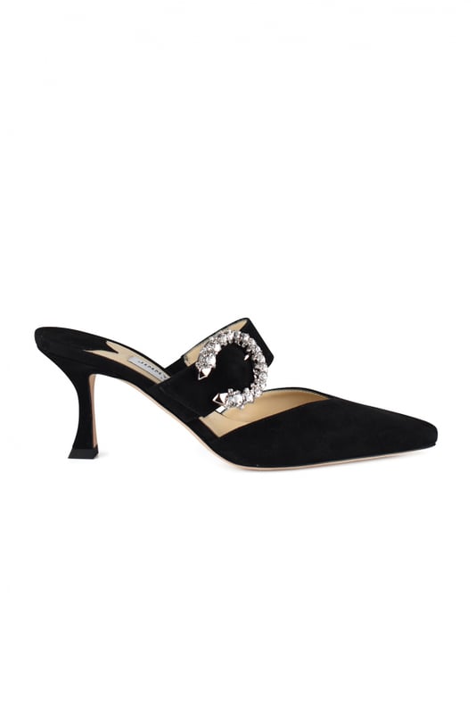 Zapatos de tacón Jimmy Choo Marta de ante negro.Puntera en punta.Correa de hebilla de cristal.Tacón curvo de 7 cm.Made in Italy.