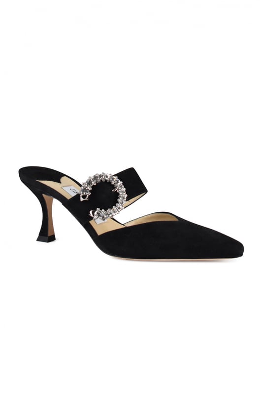 Zapatos de tacón Jimmy Choo Marta de ante negro.Puntera en punta.Correa de hebilla de cristal.Tacón curvo de 7 cm.Made in Italy.