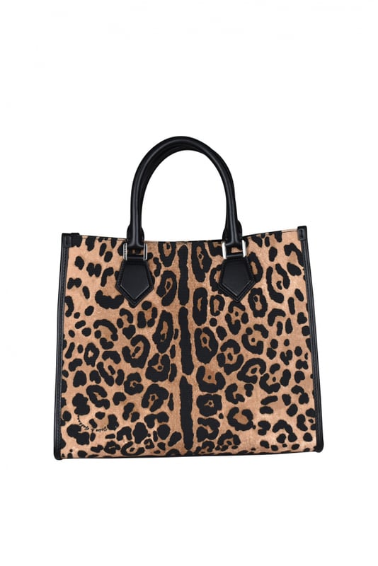 Bolso tote pequeño con estampado de leopardo de Dolce & Gabbana.Placa con logotipo dorado. Asas negras redondeadas.Bolsillo interior con cremallera.Bandolera negra ajustable.Dimensiones : 30x35x10cm.Made in Italy.
