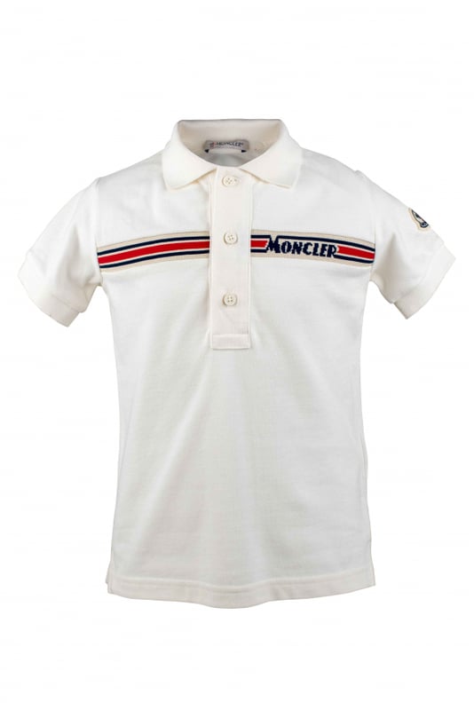 Polo blanco de algodón Moncler.Banda con logotipo a rayas horizontales en el centro.Mangas cortas.Cuello con botones.Made in Italy.