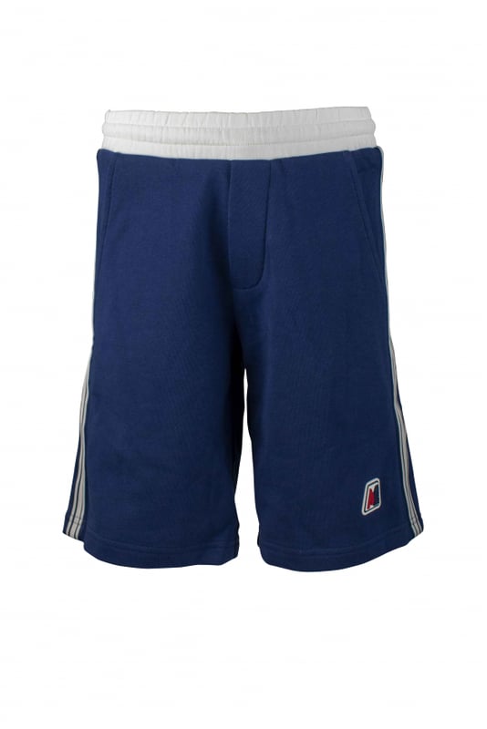 Blauwe katoenen short van Moncler.Witte strepen met blauwe strepen langs de pijpen.Wit elastiek in de taille.Opgestikt logo aan de onderkant.Zijzakken.Made in Italy.