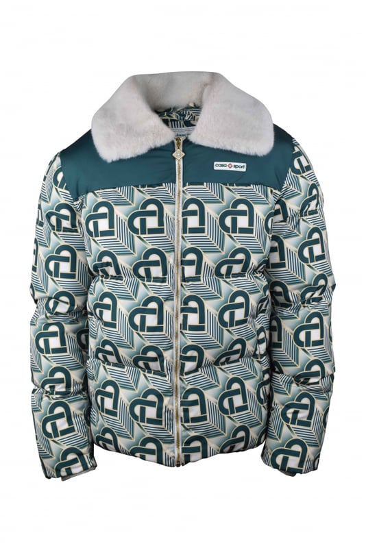 Chaqueta acolchada de poliéster Casablanca verde y blanco.Monograma en forma de corazón estampado por toda la prenda.Cuello de piel sintética blanca.Etiqueta con logotipo en el pecho.Bolsillos laterales.Cremallera principal.