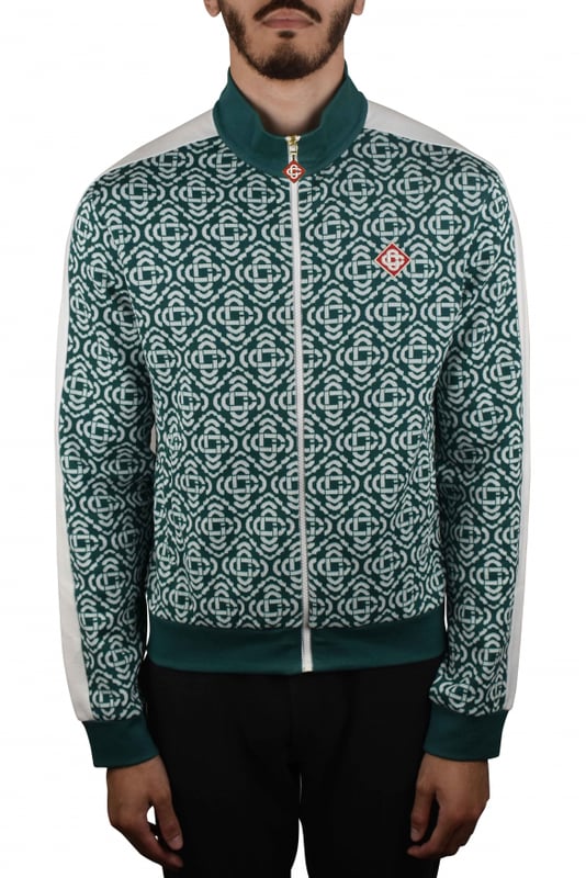 Chaqueta Casablanca verde y blanco Deconstructed Monogram.Confeccionado en algodón y poliéster reciclado.Monograma Casablanca emblemático en toda la prenda.Logotipo rojo bordado en el pecho.Franja blanca en las mangas.Cierre de cremallera.Bolsillos laterales.Bordes de canalé verde.Corte entallado.