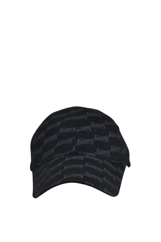 Gorra negra de algodón Balenciaga.Logotipo monograma «BB» gris estampado en toda la gorra.Cierre de velcro en la parte trasera.Gorra ajustable.Made in Italy.