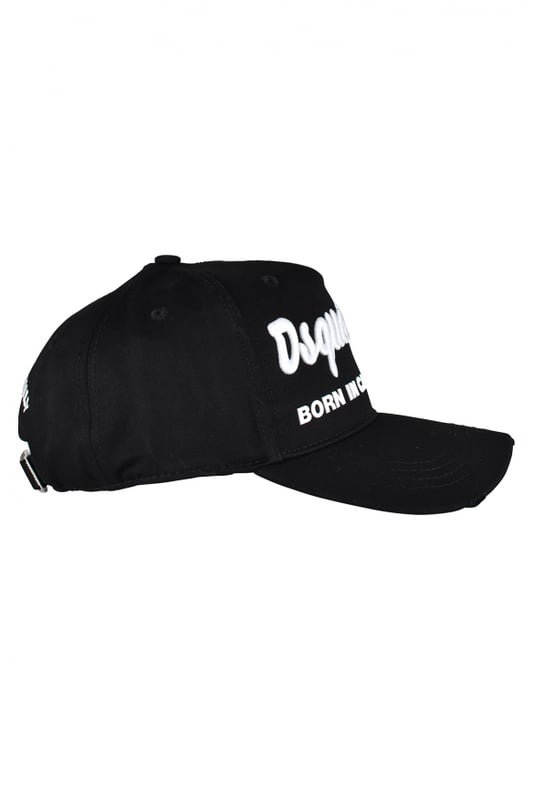 Gorra negra de algodón de Dsquared2.Logotipo bordado en blanco en el centro.Inscripción y símbolo blancos  Born in Canada  en el centro.Inscripción bordada en blanco en la espalda.Efecto rasgado en la parte delantera.Gorra ajustable.