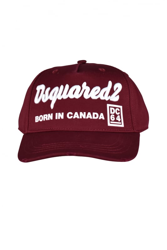 Gorra Dsquared2 de algodón burdeos.Logotipo bordado en blanco en el centro.Inscripción y símbolo blancos  Born in Canada  en el centro.Inscripción bordada en blanco en la espalda.Efecto rasgado en la parte delantera.Gorra ajustable.