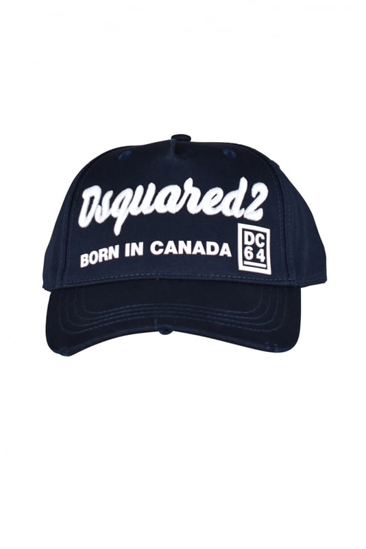 Gorra de algodón azul marino de Dsquared2.Logotipo bordado en blanco en el centro.Inscripción y símbolo blancos  Born in Canada  en el centro.Inscripción bordada en blanco en la espalda.Efecto rasgado en la parte delantera.Gorra ajustable.