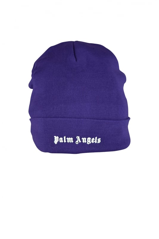 Gorro de lana y acrílico morado Palm Angels.Diseño de malla.Logotipo blanco impreso en el centro.Dobladillo enrollado.Made in Italy.