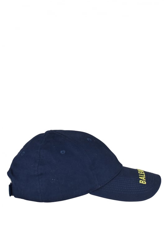 Gorra de algodón azul marino de Balenciaga.Logotipo amarillo bordado en la visera.Cierre de velcro en la parte trasera.Gorra ajustable.Made in Italy.