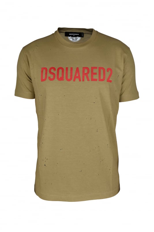 Camiseta de algodón beige de Dsquared2.Inscripción del logotipo en el centro de color rojo.Manga corta.Corte recto.Made in Italy.