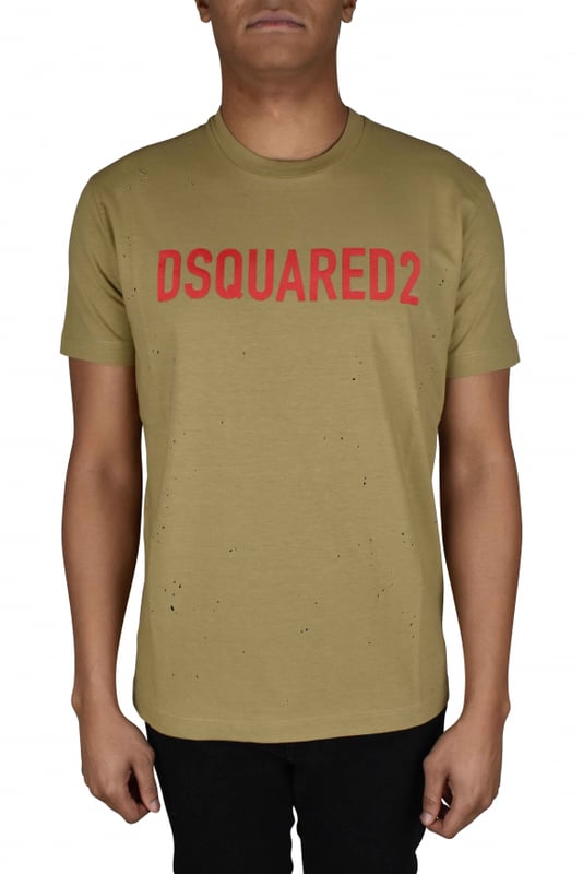 Camiseta de algodón beige de Dsquared2.Inscripción del logotipo en el centro de color rojo.Manga corta.Corte recto.Made in Italy.