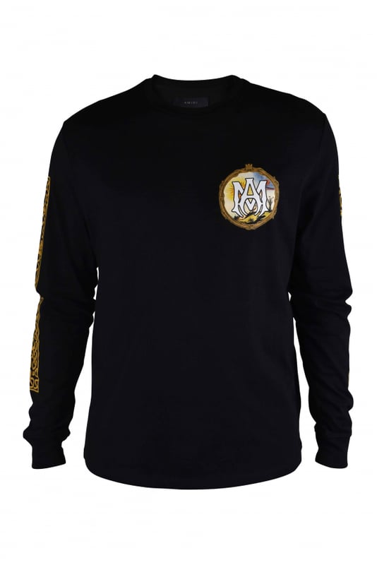 Camiseta Alchemy Frame Amiri en algodón negro.Estampado gráfico y logotipo blanco impresos en el pecho.Estampado gráfico dorado a lo largo de las mangas.Estampado gráfico y logotipo blanco en la espalda.Manga larga.Cuello redondo.Made in Italy.