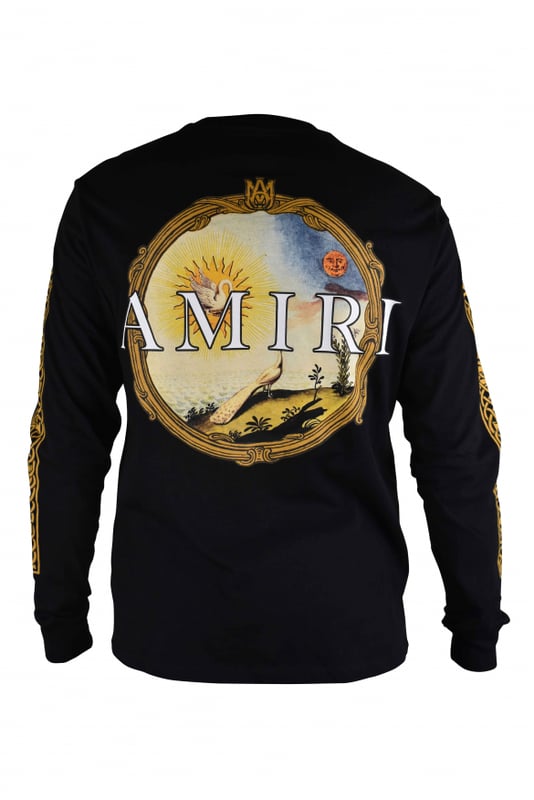 Camiseta Alchemy Frame Amiri en algodón negro.Estampado gráfico y logotipo blanco impresos en el pecho.Estampado gráfico dorado a lo largo de las mangas.Estampado gráfico y logotipo blanco en la espalda.Manga larga.Cuello redondo.Made in Italy.