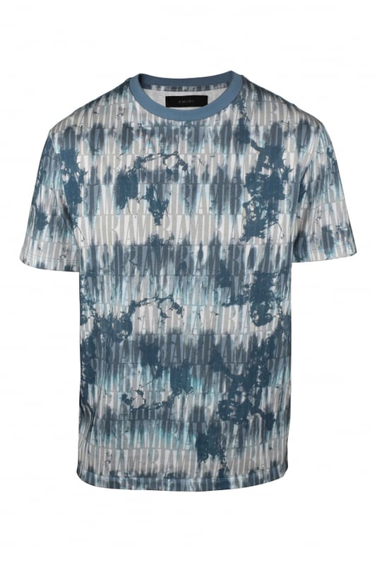 Amiri T-shirt van katoen met blauwe en witte tie-and-dye print.Tone-on-tone monogramlogo overal.Korte mouwen.Ronde kraag.Gemaakt in Italië.