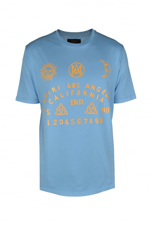Camiseta azul claro Amiri.Estampados gráficos amarillos en la parte delantera.Manga corta.Cuello redondo.