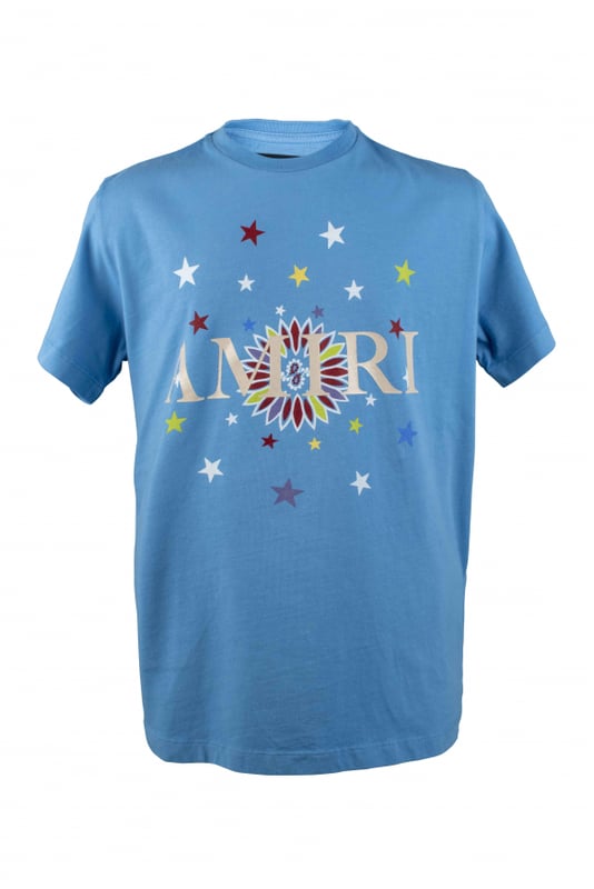 Lichtblauw T-shirt van Amiri-katoen.Beige logoprint in het midden.Sterren gedrukt in verschillende kleuren.Korte mouwen.Gemaakt in Italië.