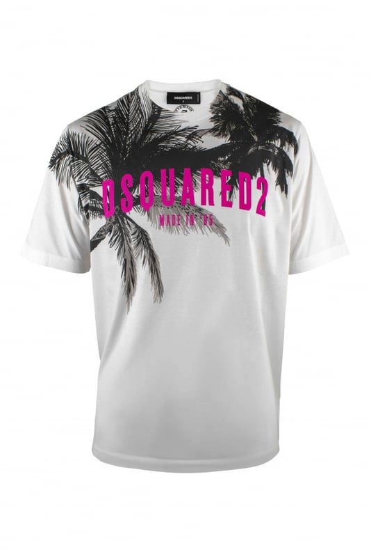 Camiseta blanca con logo Dsquared2 en rosa intenso.Estampado gráfico de palmera negra.Cuello redondo.Manga corta.Dobladillo recto.100% algodón.Made in Italy.