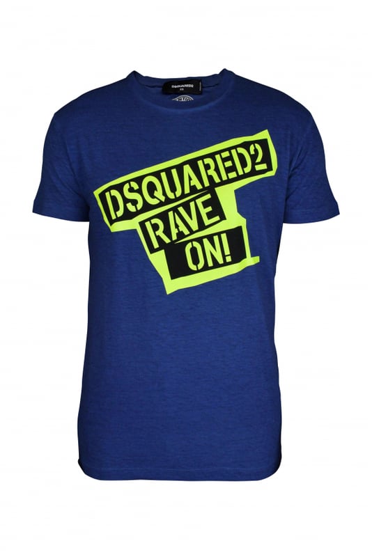 Camiseta de algodón azul de Dsquared2. Logotipo impreso en amarillo en la parte delantera. Cuello redondo, mangas cortas y dobladillo recto.Efecto de desvanecimiento.Made in Italy.