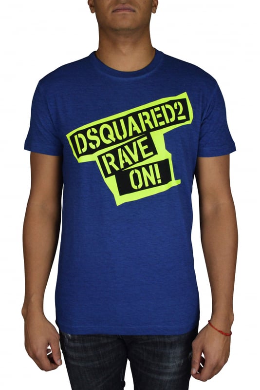 Camiseta de algodón azul de Dsquared2. Logotipo impreso en amarillo en la parte delantera. Cuello redondo, mangas cortas y dobladillo recto.Efecto de desvanecimiento.Made in Italy.
