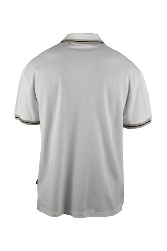 Polo blanco Palm Angels.Logotipo impreso en negro en el pecho.Ribetes a rayas en beige y negro.Mangas cortas.Cuello con botones.100% algodón.Made in Italy.