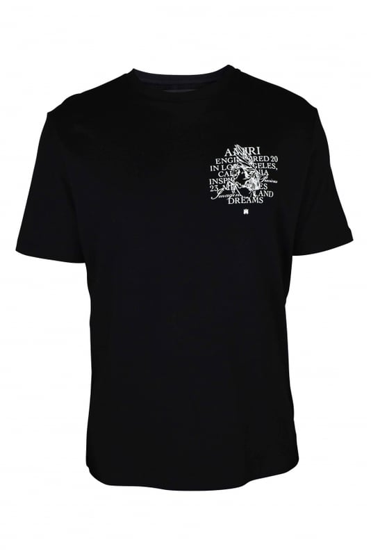Camiseta Amiri  Precious Memories  de algodón negro.Ilustración de un unicornio e inscripciones en blanco estampadas en el pecho.El mismo estampado en la espalda.Logotipo de la marca sobre el dibujo en la parte delantera y trasera.Cuello redondo.Mangas cortas.Made in Italy.