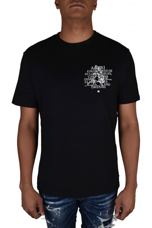Camiseta Amiri  Precious Memories  de algodón negro.Ilustración de un unicornio e inscripciones en blanco estampadas en el pecho.El mismo estampado en la espalda.Logotipo de la marca sobre el dibujo en la parte delantera y trasera.Cuello redondo.Mangas cortas.Made in Italy.