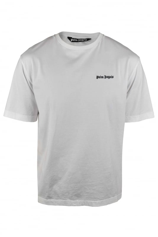 Camiseta Palm Angels blanca.Logotipo bordado en el pecho en negro.Mangas cortas.Cuello redondo.100% algodón.Cuello redondo.Made in Italy.
