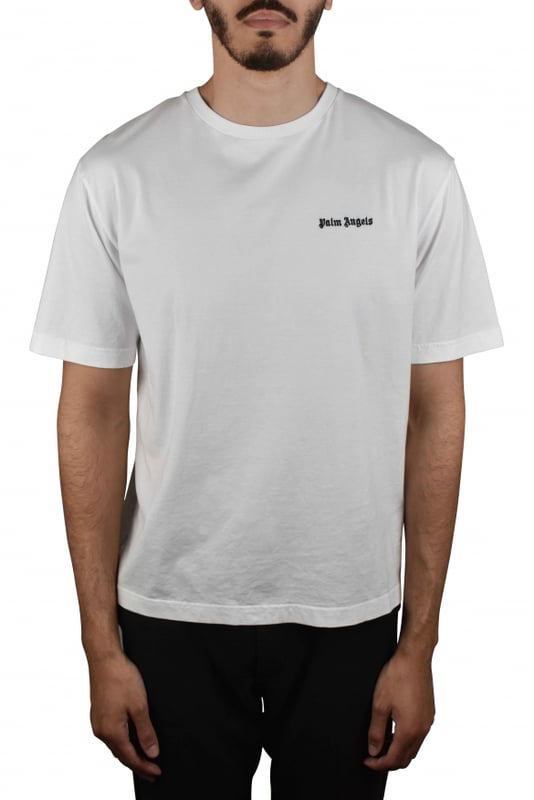 Camiseta Palm Angels blanca.Logotipo bordado en el pecho en negro.Mangas cortas.Cuello redondo.100% algodón.Cuello redondo.Made in Italy.