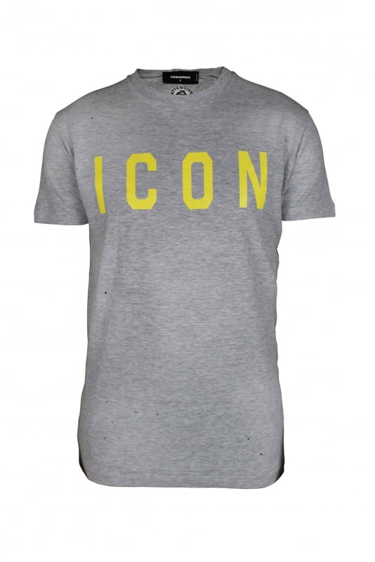 Camiseta de algodón gris de Dsquared2.Logotipo ICON estampado en amarillo en la parte delantera.Cuello redondo, manga corta y bajo recto.Ajustado.Made in Italy.