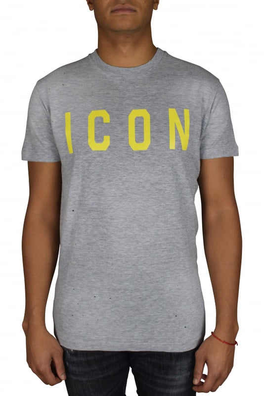 Camiseta de algodón gris de Dsquared2.Logotipo ICON estampado en amarillo en la parte delantera.Cuello redondo, manga corta y bajo recto.Ajustado.Made in Italy.