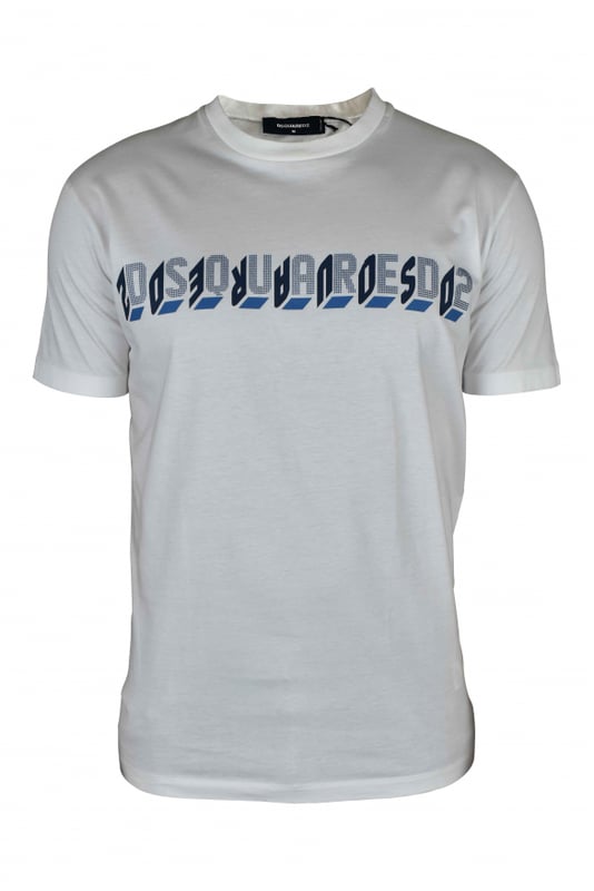 Camiseta blanca Dsquared2.Cuello redondo.Logotipo estampado en azul efecto 3D y espejo en el centro.Manga corta.100% algodón.Made in Italy.
