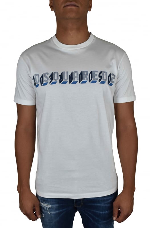 Camiseta blanca Dsquared2.Cuello redondo.Logotipo estampado en azul efecto 3D y espejo en el centro.Manga corta.100% algodón.Made in Italy.