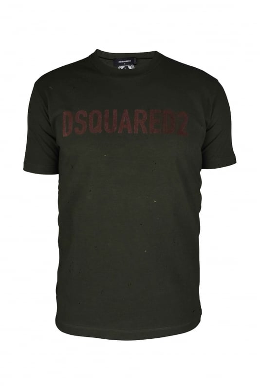 Camiseta de algodón verde caqui de Dsquared2.Inscripción del logotipo en marrón en el centro.Manga corta.Corte recto.Made in Italy.