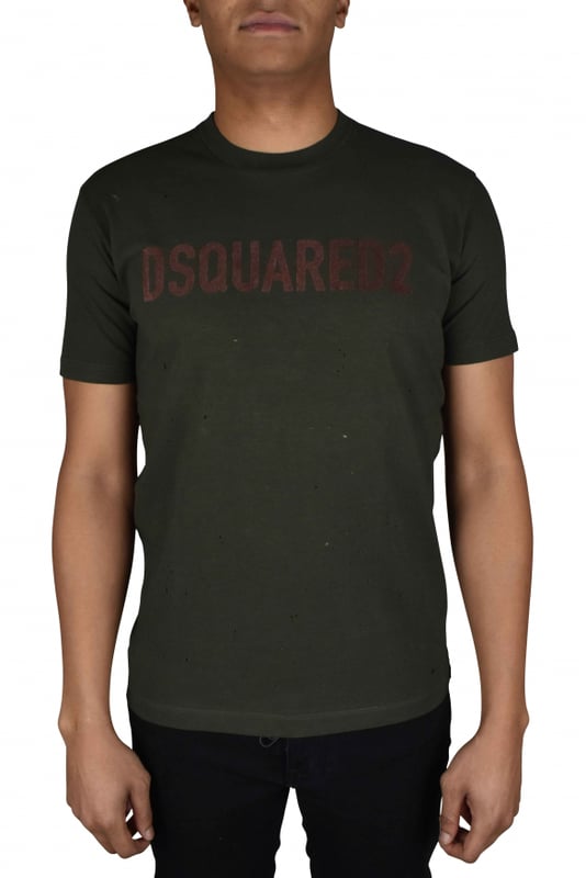 Camiseta de algodón verde caqui de Dsquared2.Inscripción del logotipo en marrón en el centro.Manga corta.Corte recto.Made in Italy.