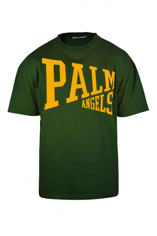 Camiseta de algodón verde con efecto Palm Angels vintage.Logotipo amarillo agrietado estampado en la parte delantera.Manga corta.Cuello redondo.Made in Italy.