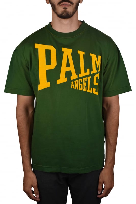Camiseta de algodón verde con efecto Palm Angels vintage.Logotipo amarillo agrietado estampado en la parte delantera.Manga corta.Cuello redondo.Made in Italy.