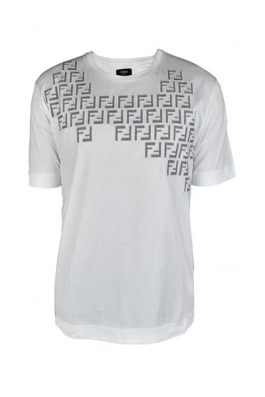 Camiseta blanca de algodón Fendi.Apliques FF en tejido vichy en blanco y negro bordados en el pecho.Cuello redondo.Manga corta.Corte oversize.Made in Italy.