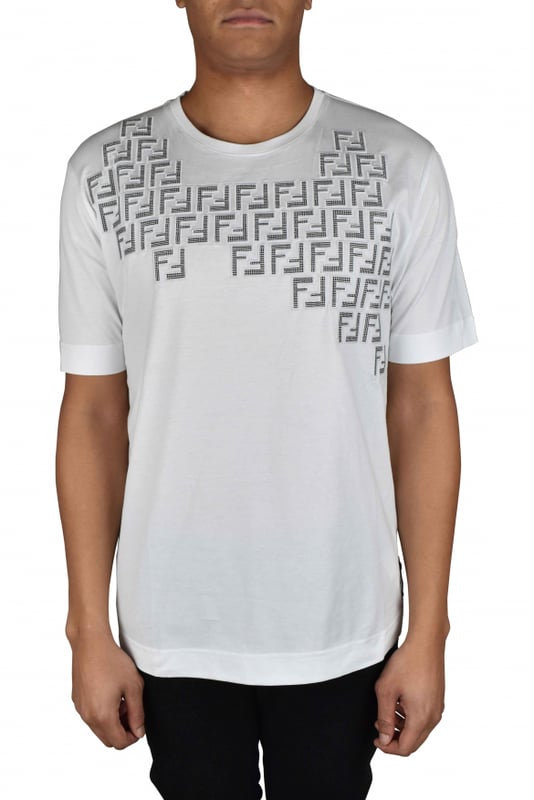 Camiseta blanca de algodón Fendi.Apliques FF en tejido vichy en blanco y negro bordados en el pecho.Cuello redondo.Manga corta.Corte oversize.Made in Italy.