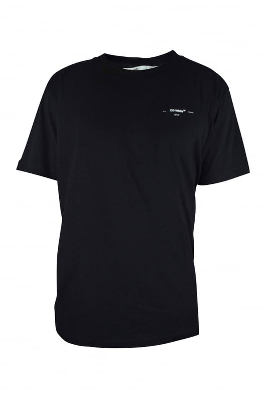 Camiseta negra Off-White.Cuello redondo, mangas cortas, dobladillo recto.Logotipo blanco de la firma Off-White en la parte delantera.100% algodón.
