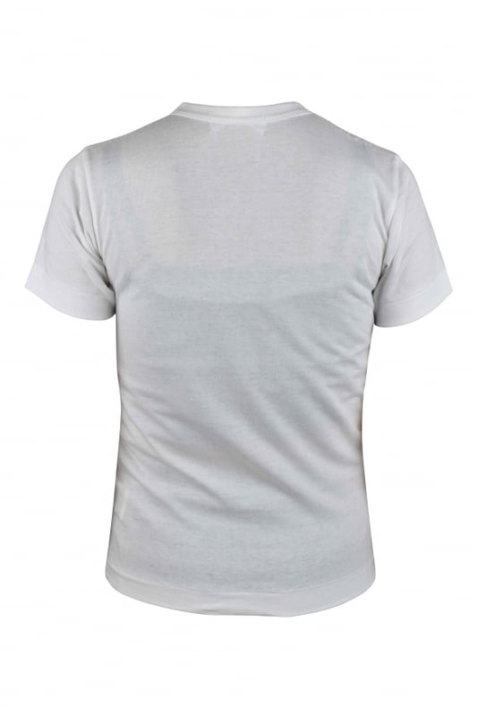 Comme des Garçons T-shirt van wit katoen.Emblematische marineblauwe hartenprint in het midden met witte stippen.Rood hartlogopatch op de borst.Ronde kraag.Korte mouwen.