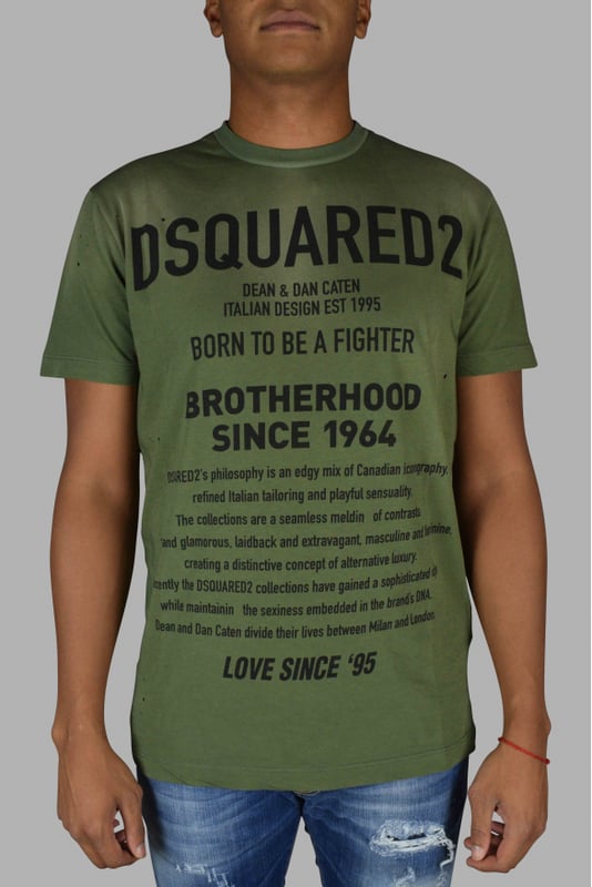 Camiseta de manga corta caqui Dsquared.Inscripciones impresas en negro.Efecto agujero.100% algodón.Made in Italy.