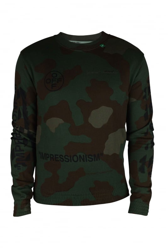 Sudadera de camuflaje caqui de Off-White.Logotipos negros en la parte delantera del pecho.Logotipo negro en la espalda.Corte recto de gran tamaño.Manga larga y cuello redondo.100% algodón.Hecho en Portugal