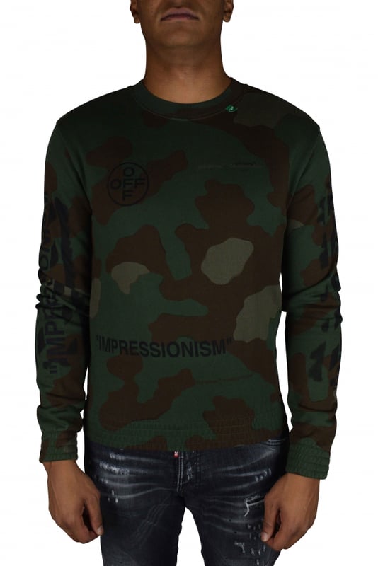 Sudadera de camuflaje caqui de Off-White.Logotipos negros en la parte delantera del pecho.Logotipo negro en la espalda.Corte recto de gran tamaño.Manga larga y cuello redondo.100% algodón.Hecho en Portugal