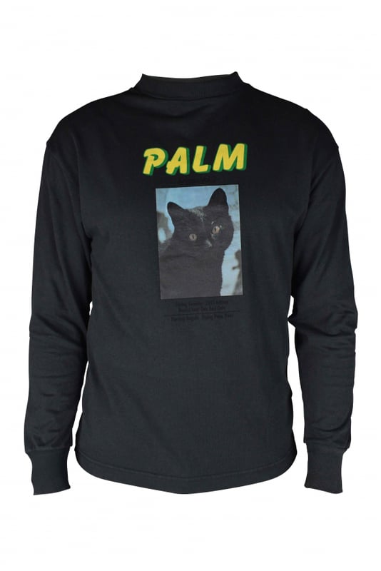 Camiseta Palm Angels.De color gris.Logotipo amarillo y verde en la parte delantera.Mangas largas.Imagen con un gato. Cuello y bordes acanalados.100% algodón.