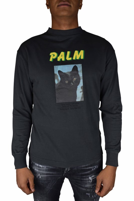 Camiseta Palm Angels.De color gris.Logotipo amarillo y verde en la parte delantera.Mangas largas.Imagen con un gato. Cuello y bordes acanalados.100% algodón.
