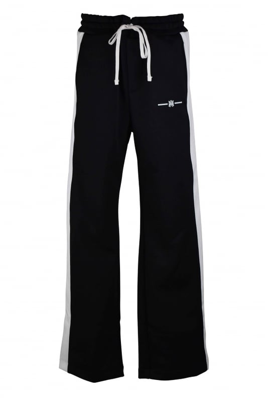 Amiri joggingbroek van zwart polyester.Wit MA-logo gedrukt op de voorkant.Witte verticale strepen aan de zijkant van de pijpen.Elastische tailleband met trekkoorden.Zijzakken.Eén achterzak.Zwarte logopatch op de achterkant.Gemaakt in Italië.