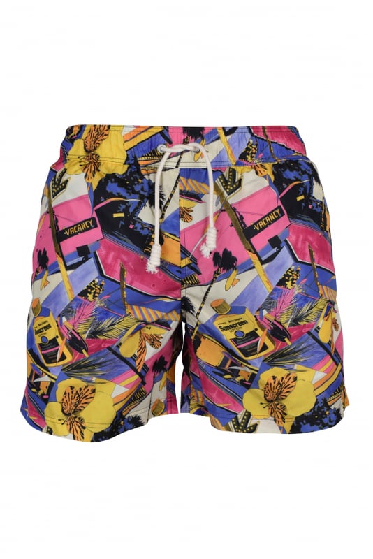Bañador corto de nylon Palm Angels.Estampados en rosa, amarillo y morado.Bolsillos con aberturas laterales.Bolsillo trasero.Cintura elástica.Cordón de ajuste blanco.Composición: 100% poliésterMade in Italy.