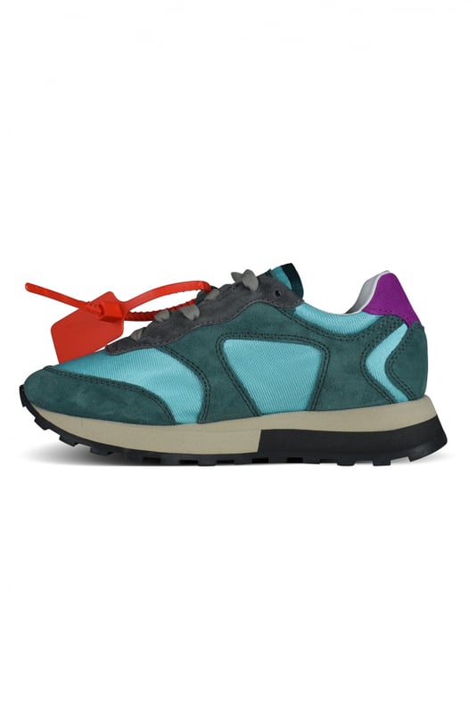 Sneakers HG Runner en azul, beige, rosa y amarillo de Off-White.Iconic Zip Tie en rojo.La icónica flecha rosa en el lateral.Dedo del pie de almendra. Cierre frontal con cordones.Material: cuero y tela.Suela de goma.Made in Italy.