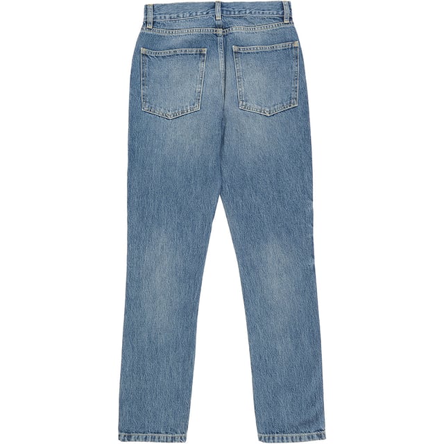 100% organic cotton. Raey's blue Dip skinny jeans are cut from organic-cotton denim treated with a dark vintage wash and light fading for a worn look. They have a high rise designed to sit high or lowered for a slouchy fit.