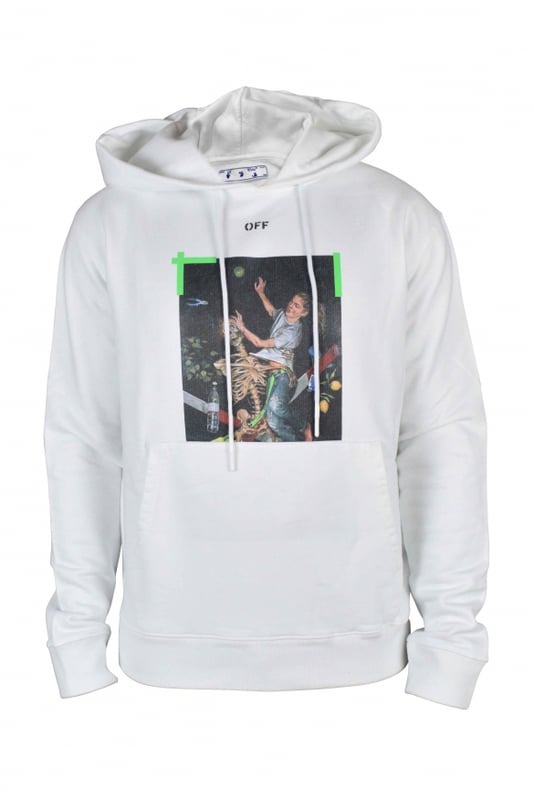 Sudadera con capucha Off-White blanco.Cuadro impreso en el frente.Flechas verdes en la espalda.Cordones.100% algodón.